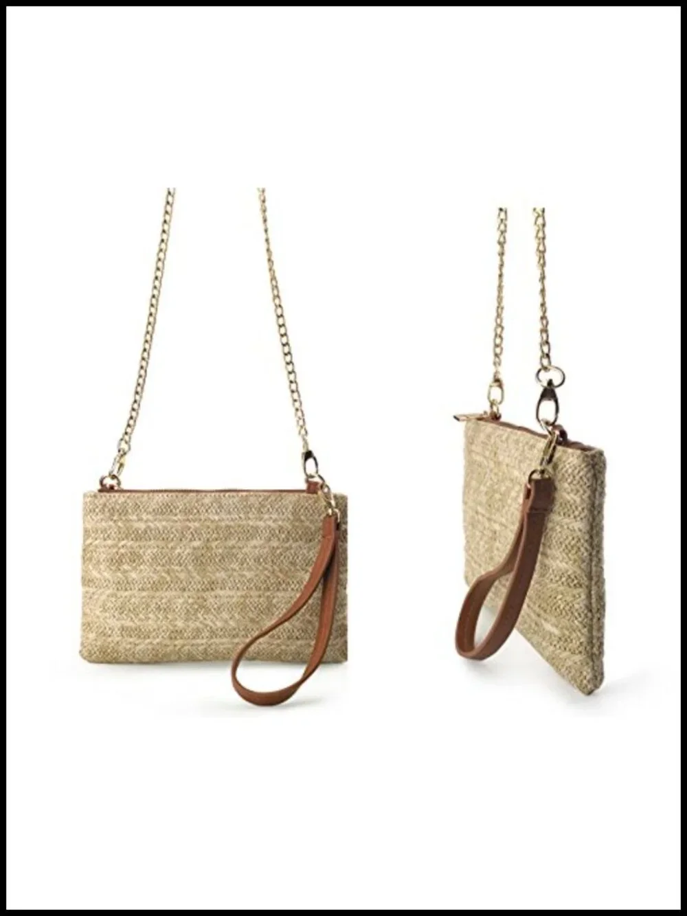 Straw Zipper Wristlet Clutch Crossbody Purse with Chain Strap